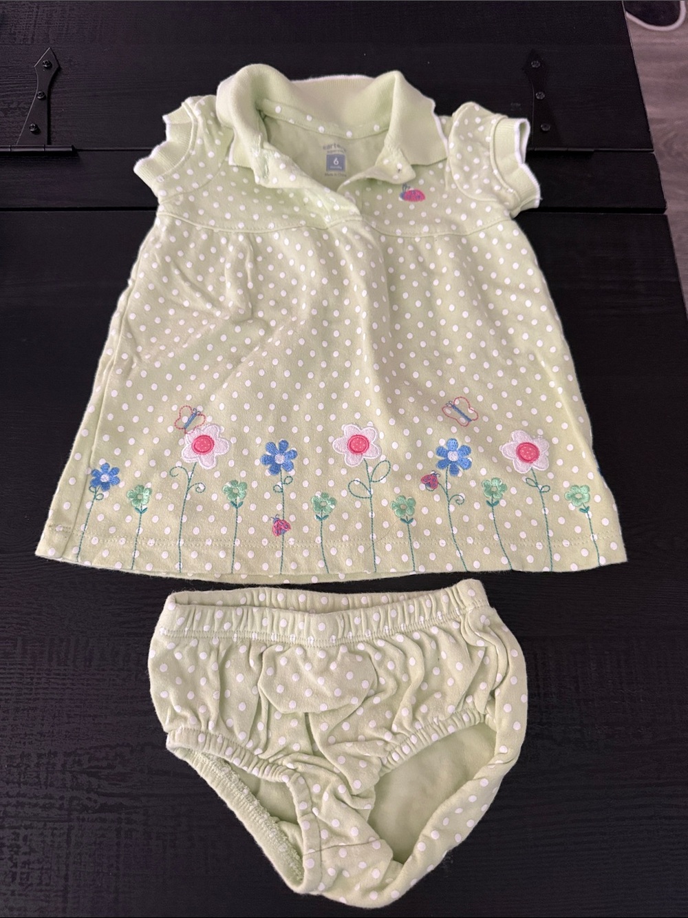 Baby Polo Dress & Bloomers - Light Green Floral Polka Dot